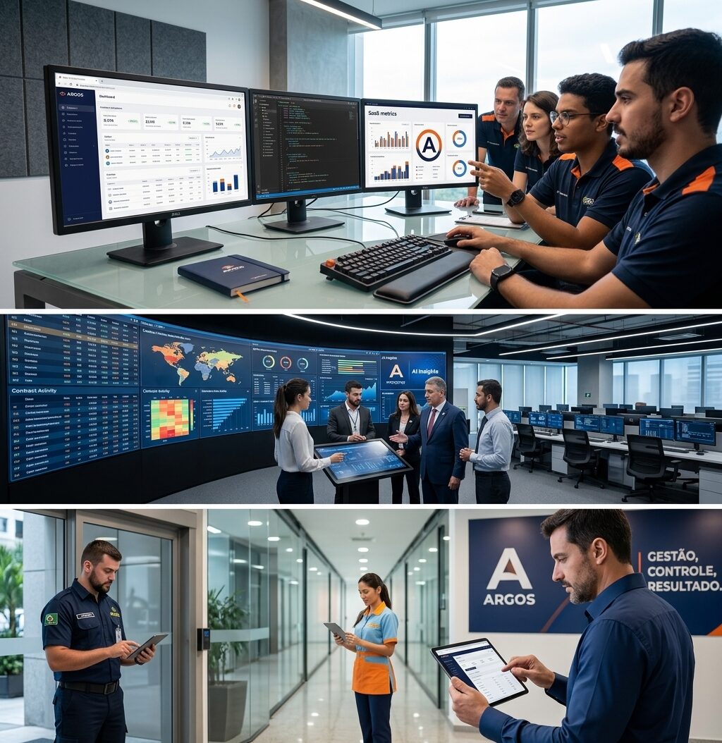 Equipe Argos analisando dashboards de gestão em telas com tecnologia e inteligência artificial