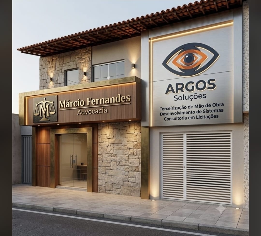 Fachada do escritório da Argos Soluções, com placa destacando Terceirização de Mão de Obra, Desenvolvimento de Sistemas e Consultoria em Licitações